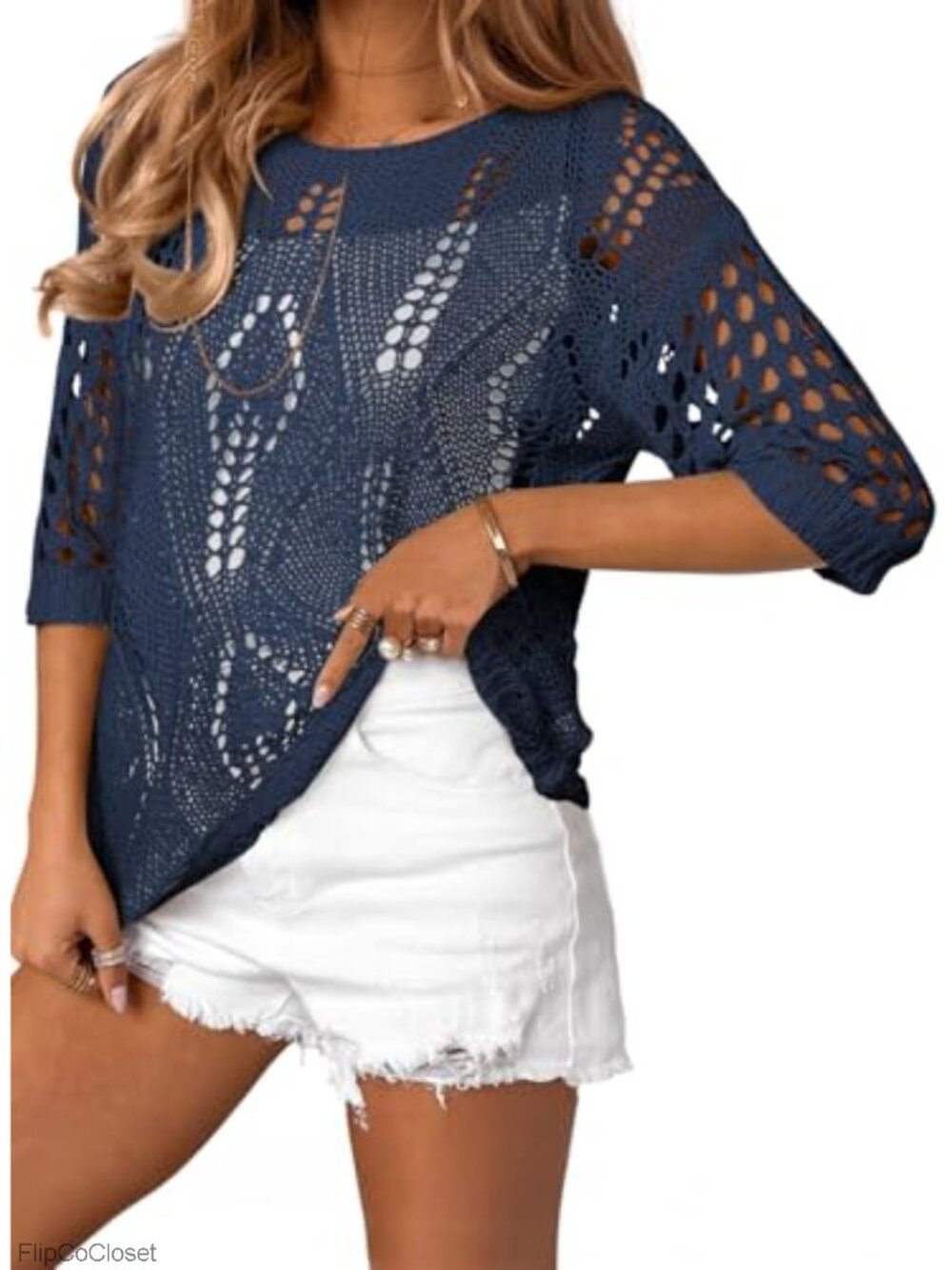 Crochet Hollow Out 3/4 Sleeve Knit Pullover Sweater Beach Cover Up